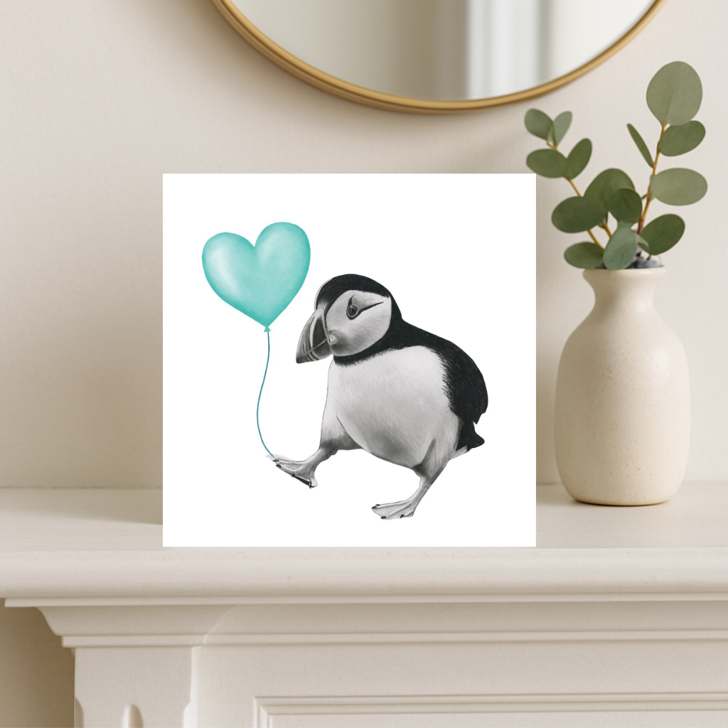 Floating Puffin – Teal Balloon Hand-Drawn Greeting Card | Cute & Whimsical Sealife Art