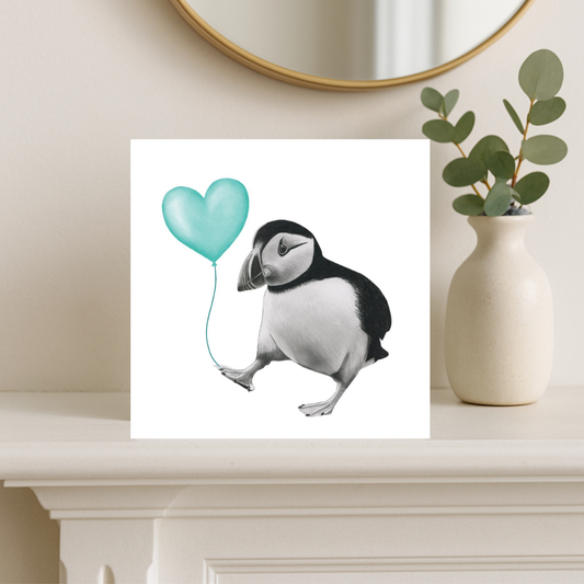 Floating Puffin – Teal Balloon Hand-Drawn Greeting Card | Cute & Whimsical Sealife Art