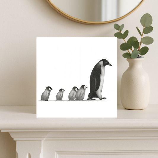 Penguin Walk Hand-Drawn Greeting Card | Whimsical & Elegant Art