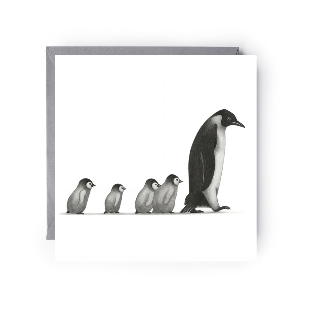 Penguin Walk Hand-Drawn Greeting Card | Whimsical & Elegant Art