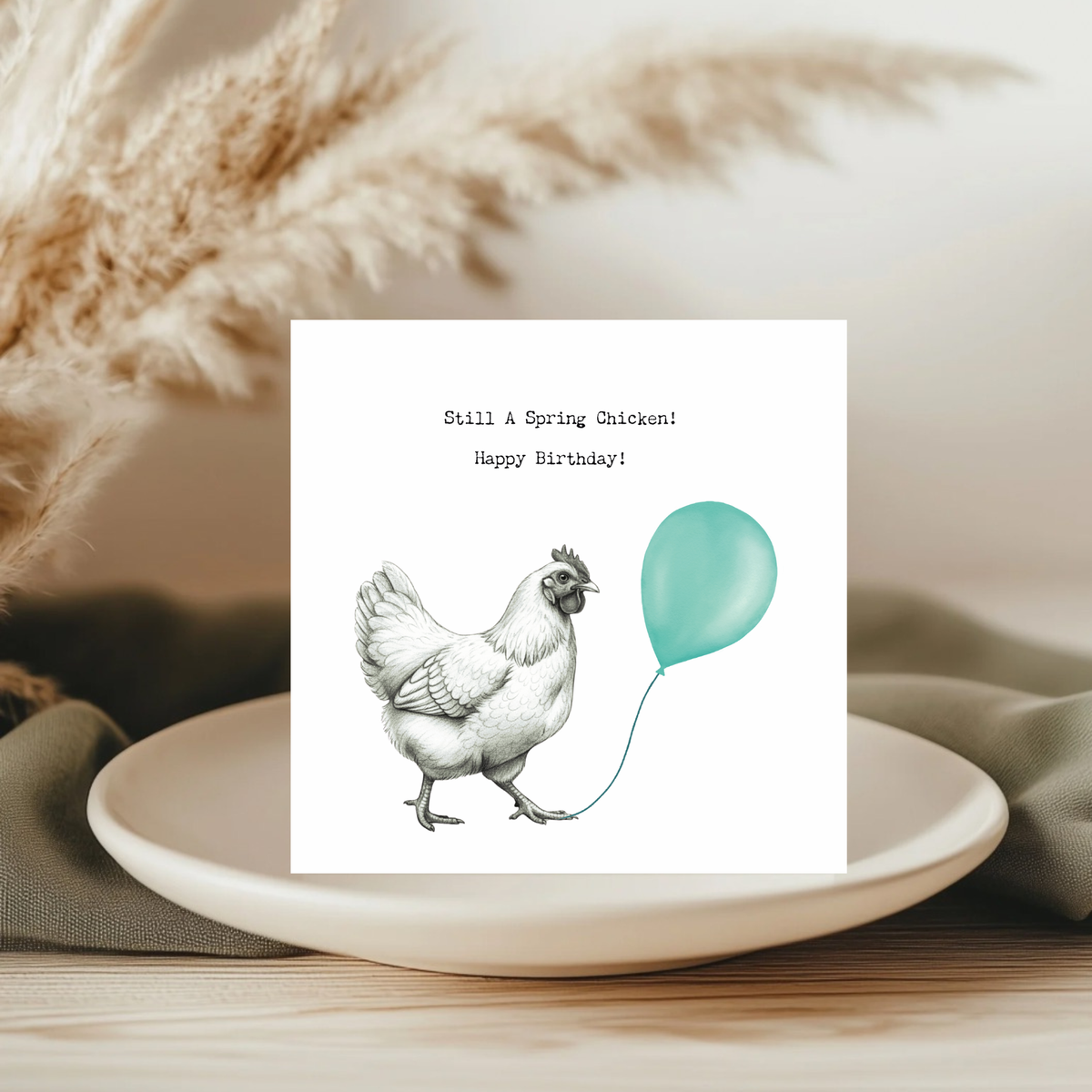 Still a Spring Chicken – Hand-Drawn Chicken Birthday Card with Balloon | Whimsical & Fun Art