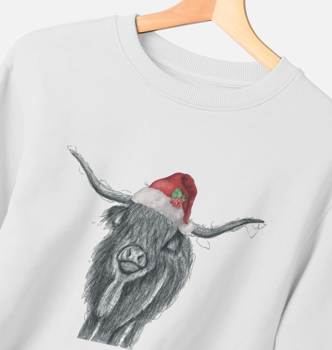 Woman's Crew Neck Festive Highland Cow Sweater Certified Organic Cotton