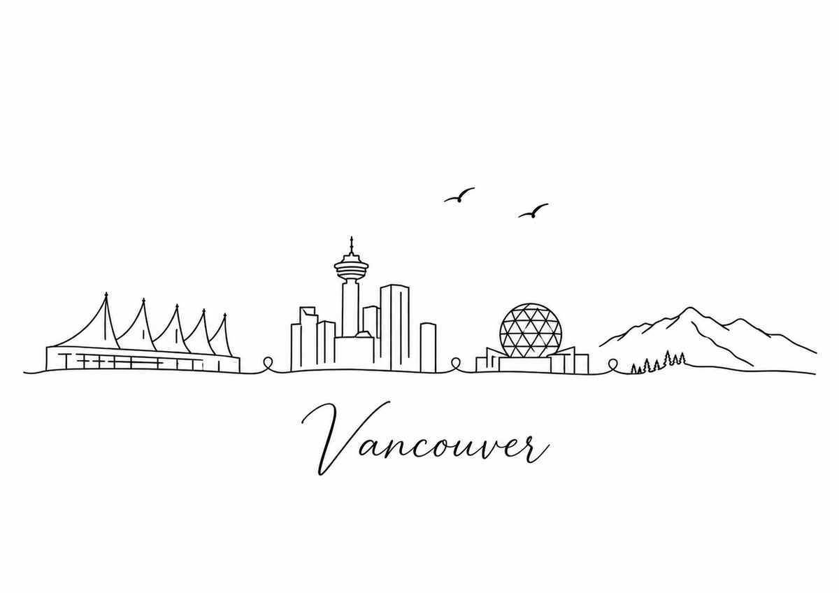 Vancouver skyline artwork featuring black line landmarks and city lettering on a white background