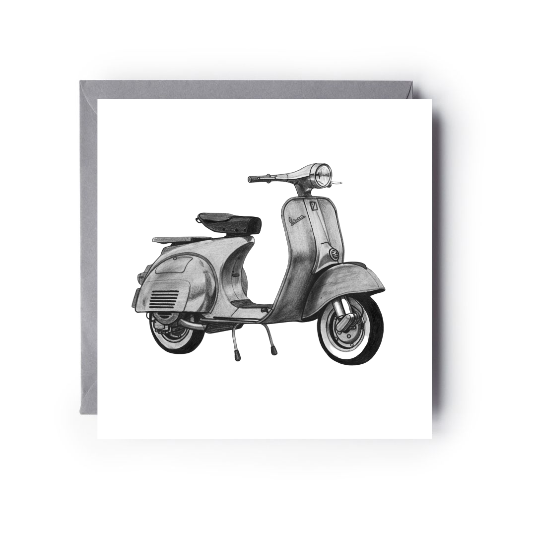 Vespa inspired scooter hand-drawn travel greeting card