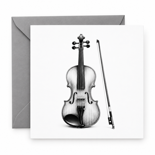 Violin and bow greeting card with grey envelope
