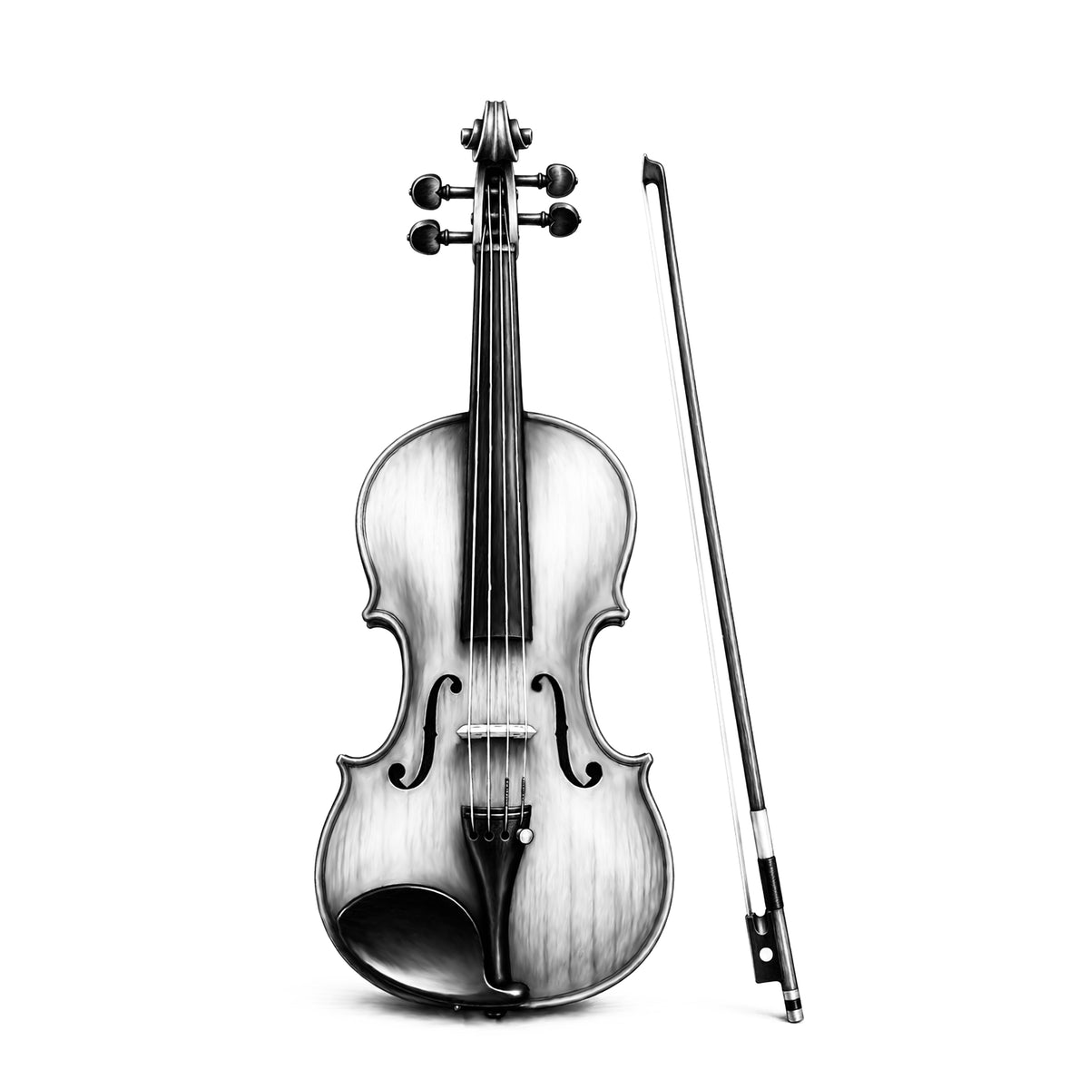 Monochrome pencil drawing of a violin and bow on white