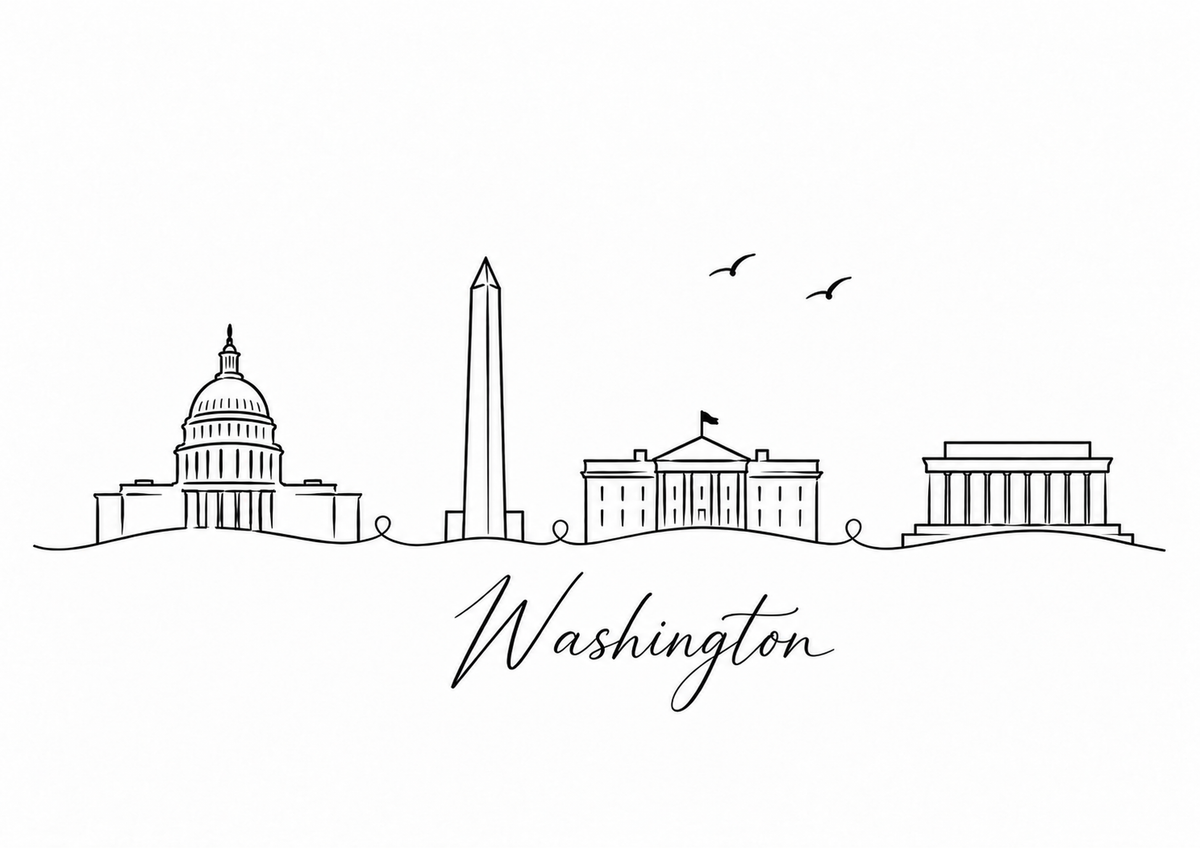 Washington skyline artwork featuring black line landmarks and city lettering on a white background