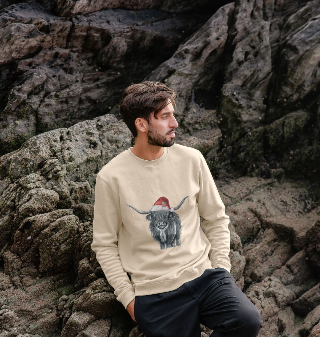 Men's Crew Neck Festive Highland Cow Sweater Certified Organic Cotton