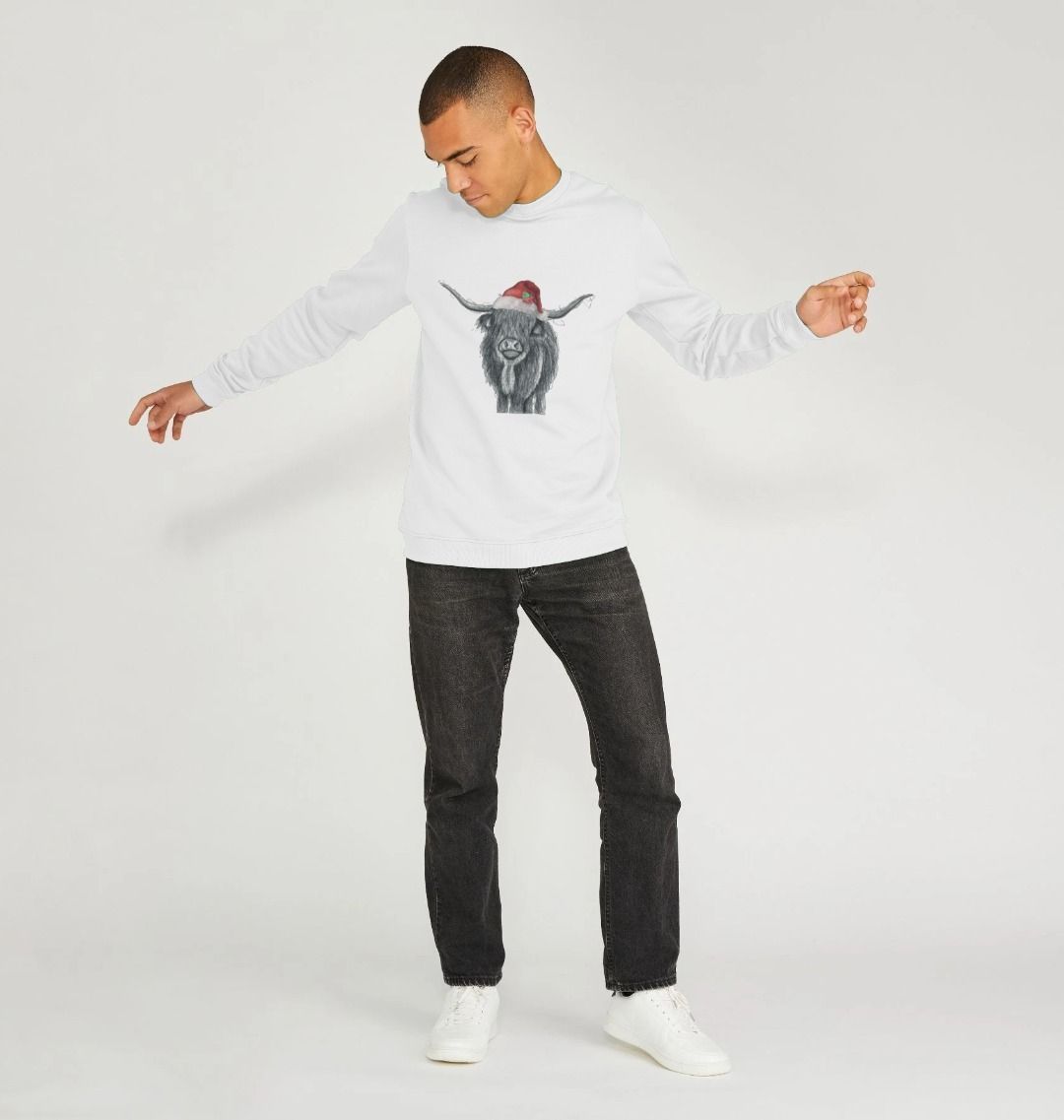 Men's Crew Neck Festive Highland Cow Sweater Certified Organic Cotton