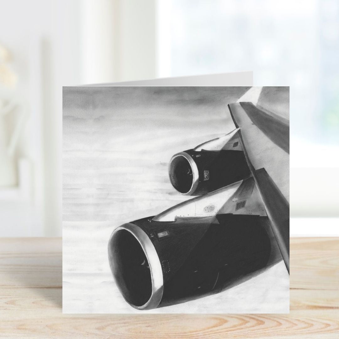 A meticulously hand-illustrated greeting card featuring the wing of a Boeing 747 soaring through the skies, capturing the elegance of aviation design. Printed on high-quality, eco-friendly cardstock, it includes a matching envelope and is left blank inside for your personal message. Available at Libra Fine Arts.​


