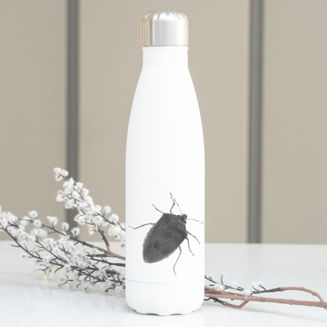 Green Shield Bug Stainless Steel Flask From Libra Fine Arts.  A sleek stainless steel bug design perfect forentomologists and inscet lovers. This whimsical flask is a perfect gift for entomologist enthusiasts, making it an ideal choice for birthday presents or Christmas gifts. The detailed bug artwork adds a touch of personality to this practical and stylish accessory.