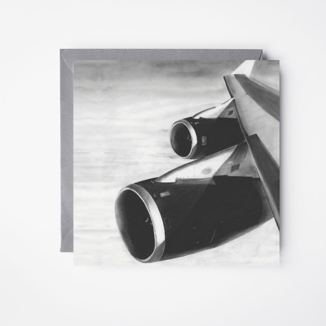 A stunning greeting card showcasing a detailed illustration of a Boeing 747 wing soaring through the skies, perfect for aviation aficionados. Crafted from premium, sustainable materials, it comes with a coordinating envelope and offers a blank interior for your heartfelt notes. Find it at Libra Fine Arts.​

