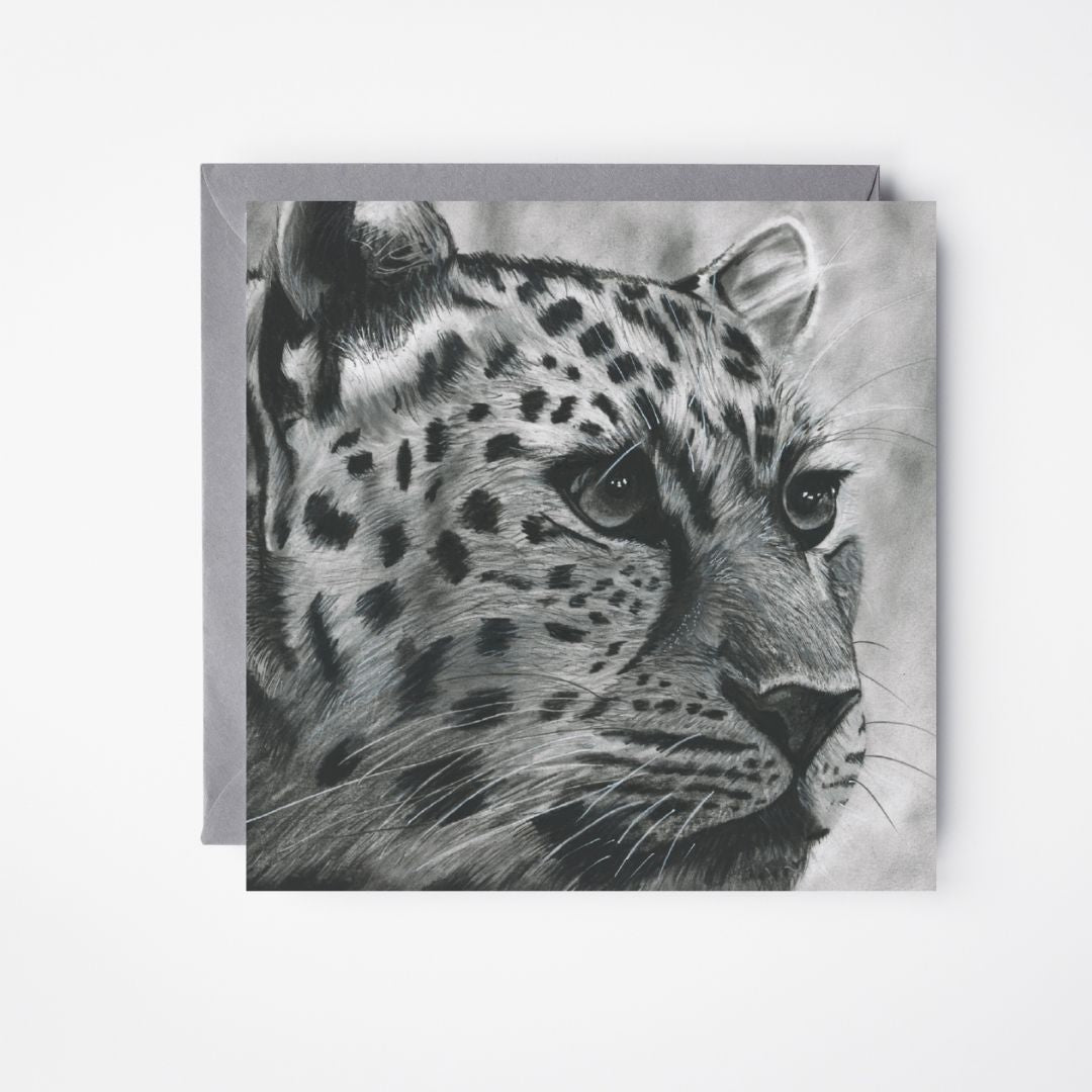 An exquisite greeting card showcasing a detailed illustration of Mintika the Leopard, making it a unique choice for celebrating special occasions with a touch of wildlife elegance. Printed on premium, sustainable materials, it comes with a coordinating envelope. Find it at Libra Fine Arts.​

