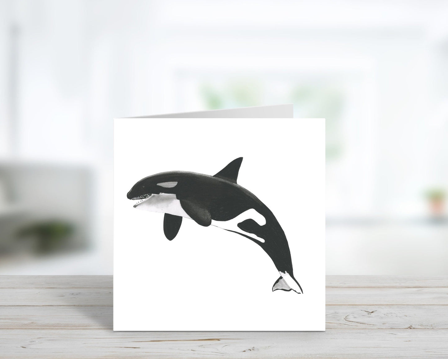 Lynx the Killer Whale Hand-Drawn Greeting Card by Libra Fine Arts, featuring a detailed black and white illustration of an orca. A perfect card for marine and wildlife lovers.