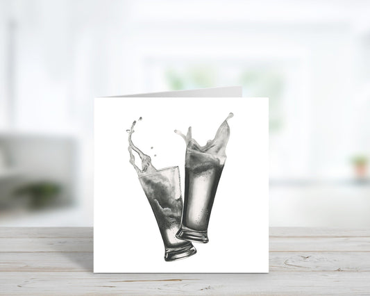 Luxury Beer Hand-Drawn Greeting Card by Libra Fine Arts, featuring a detailed black and white illustration of a beer glass, paired with a stylish grey envelope. A perfect card for beer lovers and special occasions