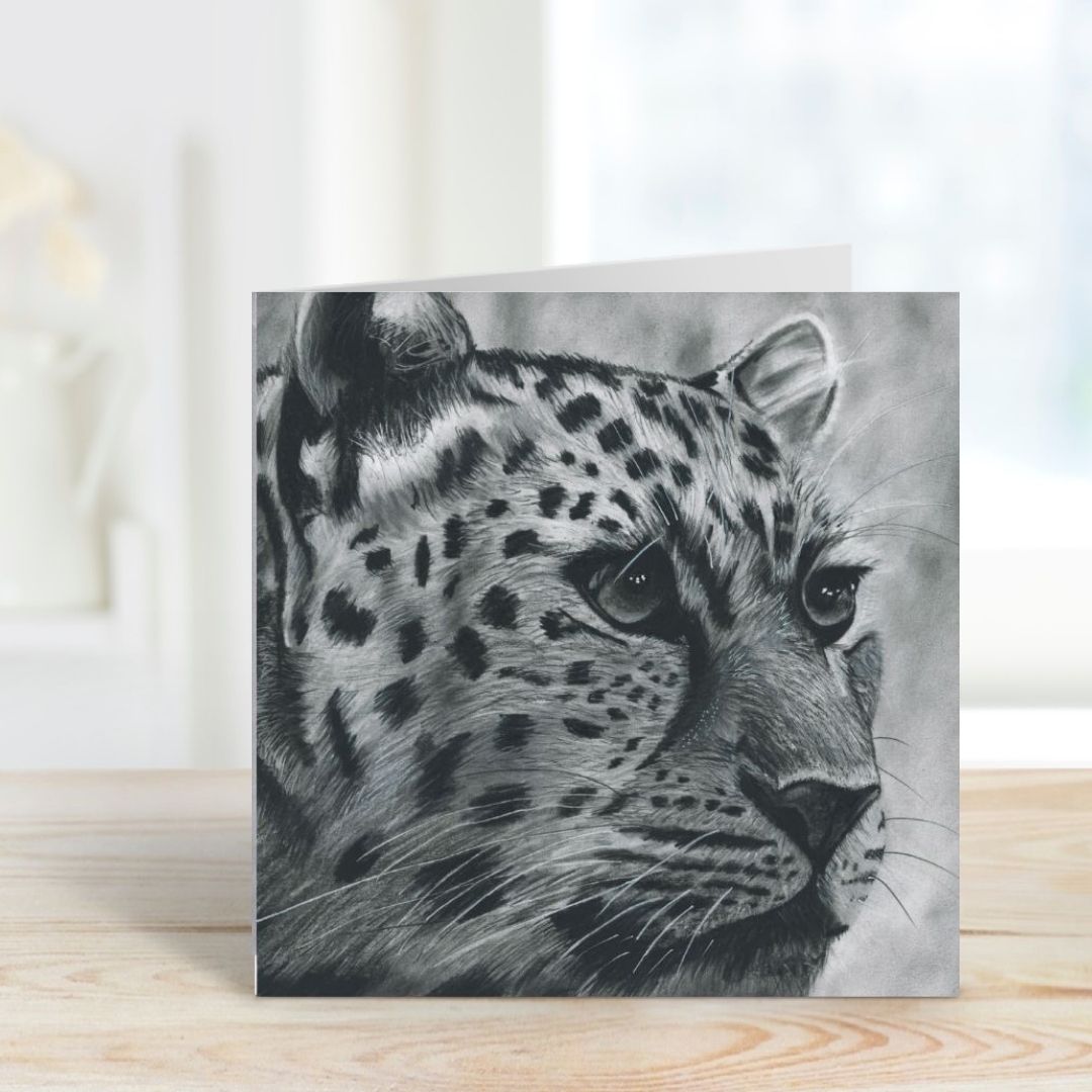 A beautifully hand-illustrated greeting card featuring Mintika the Leopard, perfect for animal enthusiasts and art lovers. Printed on high-quality, eco-friendly cardstock, it includes a matching envelope and is left blank inside for your personal message. Available at Libra Fine Arts.​

